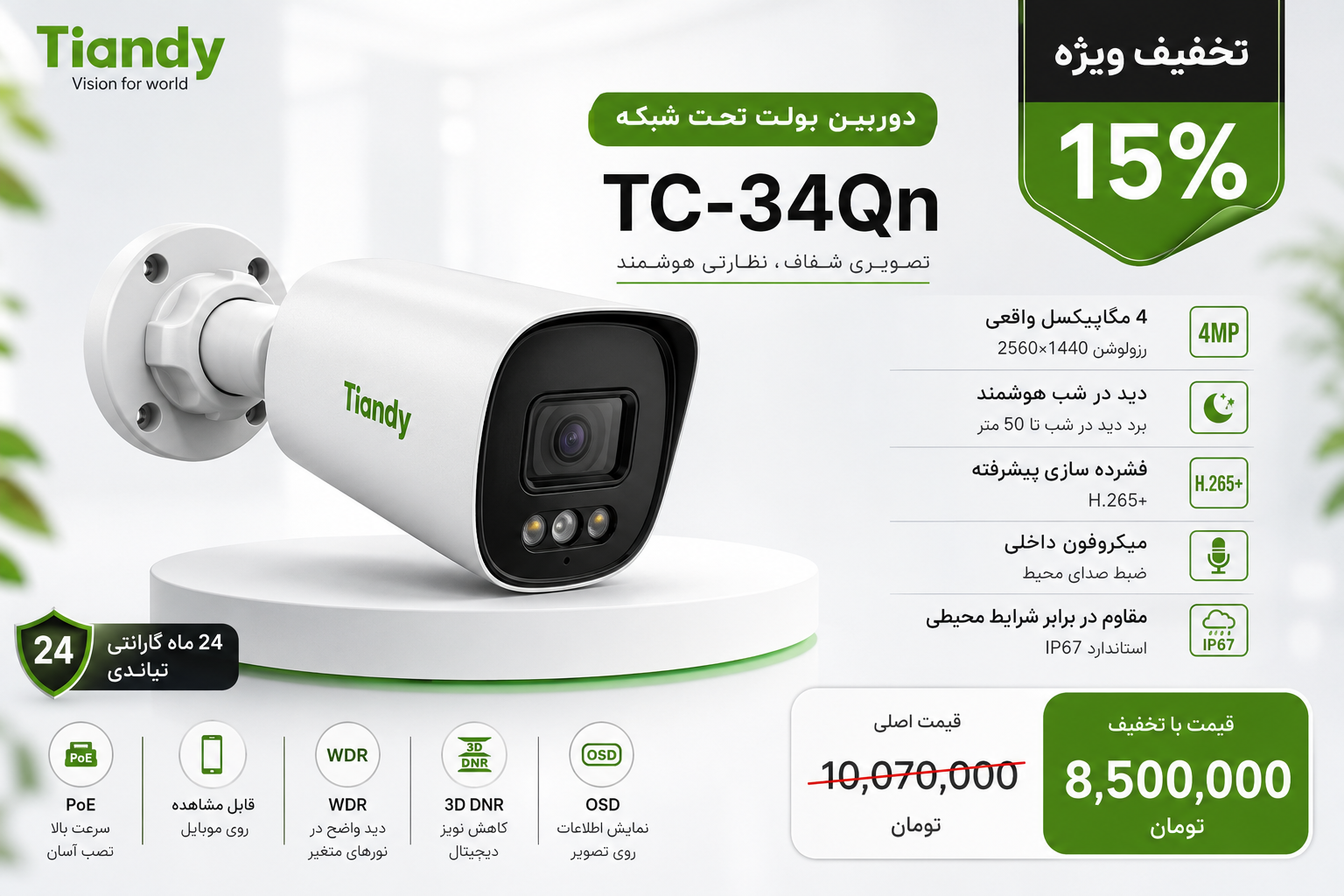 دوربین مداربسته تیاندی 4 مگ مدل TC-C34QN Spec:I3/E/Y/4mm/V5